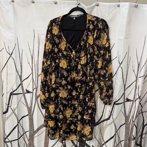 Laurel Grey Black Floral V-Neck Long Sleeve Dress with Yellow Roses